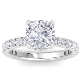 4 Carat Cushion Cut Lab Grown Diamond Hidden Halo Engagement Ring In 14K White Gold