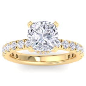 4 Carat Cushion Cut Lab Grown Diamond Hidden Halo Engagement Ring In 14K Yellow Gold