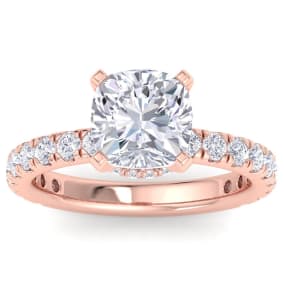 4 Carat Cushion Cut Lab Grown Diamond Hidden Halo Engagement Ring In 14K Rose Gold
