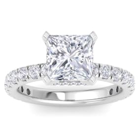 4 Carat Princess Cut Lab Grown Diamond Hidden Halo Engagement Ring In 14K White Gold