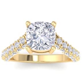 4 Carat Cushion Cut Lab Grown Diamond Curved Engagement Ring In 14K Yellow Gold