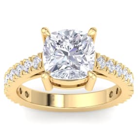 5 Carat Cushion Cut Lab Grown Diamond Classic Engagement Ring In 14K Yellow Gold