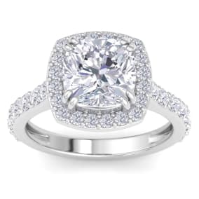 5 Carat Cushion Cut Lab Grown Diamond Halo Engagement Ring In 14K White Gold