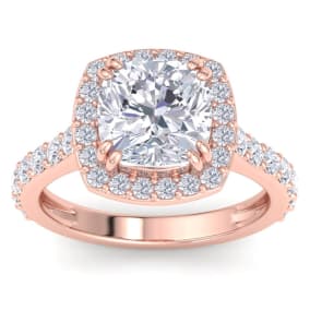 5 Carat Cushion Cut Lab Grown Diamond Halo Engagement Ring In 14K Rose Gold