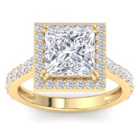 5 Carat Princess Cut Lab Grown Diamond Halo Engagement Ring In 14K Yellow Gold