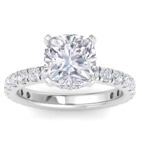 5 Carat Cushion Cut Lab Grown Diamond Hidden Halo Engagement Ring In 14K White Gold