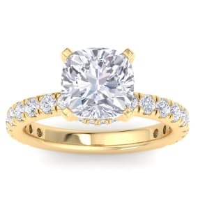 5 Carat Cushion Cut Lab Grown Diamond Hidden Halo Engagement Ring In 14K Yellow Gold