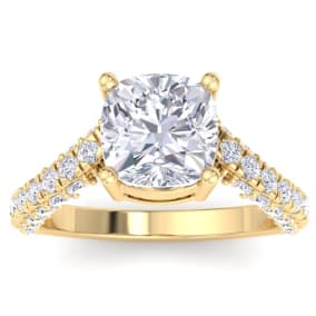 5 Carat Cushion Cut Lab Grown Diamond Curved Engagement Ring In 14K Yellow Gold