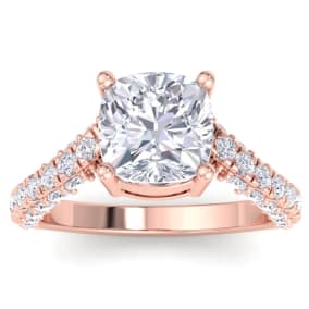 5 Carat Cushion Cut Lab Grown Diamond Curved Engagement Ring In 14K Rose Gold