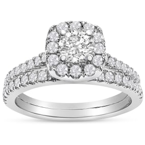 1.40 Carat Lab Grown Diamond Halo Bridal Set In 14K White Gold