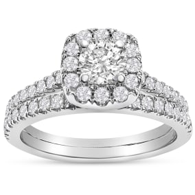 1.40 Carat Lab Grown Halo Diamond Bridal Set In 14K White Gold. Incredible Closeout Deal!