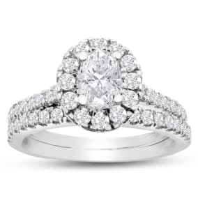 1.40 Carat Oval Shape Lab Grown Diamond Halo Bridal Set In 14K White Gold