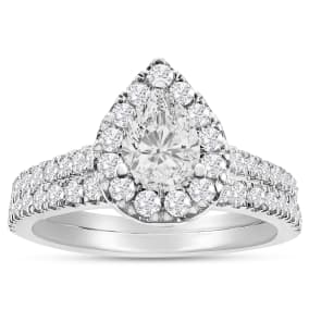 1.40 Carat Pear Shape Lab Grown Diamond Halo Bridal Set In 14K White Gold. Fantastic Closeout Deal. Sold By Mall Jewelers For Over $4000!