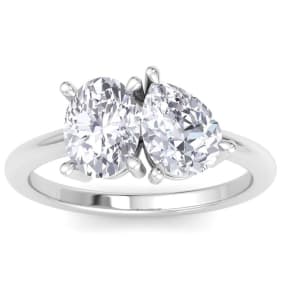 2 Carat Lab Grown Diamond Two Stone Engagement Ring, Oval-Pear, In 14K White Gold