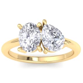 2 Carat Lab Grown Diamond Two Stone Engagement Ring, Oval-Pear, In 14K Yellow Gold