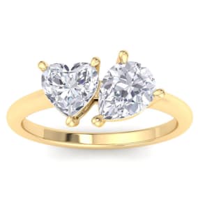 2 Carat Lab Grown Diamond Two Stone Engagement Ring, Heart-Pear, In 14K Yellow Gold
