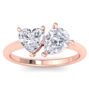 2 Carat Lab Grown Diamond Two Stone Engagement Ring, Heart-Pear, In 14K Rose Gold