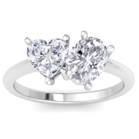 2 Carat Lab Grown Diamond Two Stone Engagement Ring, Heart-Oval, In 14K White Gold
