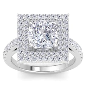 4 Carat Cushion Cut Lab Grown Diamond Square Halo Engagement Ring In 14K White Gold
