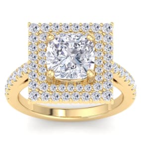 4 Carat Cushion Cut Lab Grown Diamond Square Halo Engagement Ring In 14K Yellow Gold