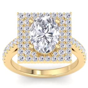4 Carat Oval Shape Lab Grown Diamond Square Halo Engagement Ring In 14K Yellow Gold