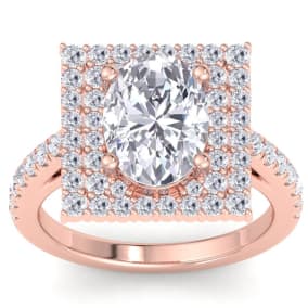 4 Carat Oval Shape Lab Grown Diamond Square Halo Engagement Ring In 14K Rose Gold