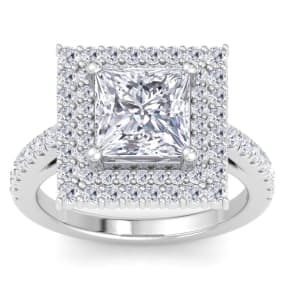 4 Carat Princess Cut Lab Grown Diamond Square Halo Engagement Ring In 14K White Gold