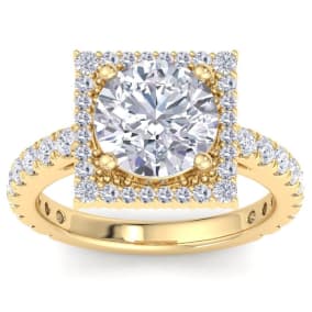 4 Carat Round Lab Grown Diamond Square Halo Engagement Ring In 14K Yellow Gold