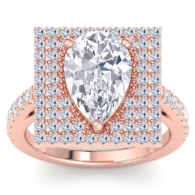 4 Carat Pear Shape Lab Grown Diamond Square Halo Engagement Ring In 14K Rose Gold