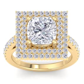 5 Carat Cushion Cut Lab Grown Diamond Square Halo Engagement Ring In 14K Yellow Gold