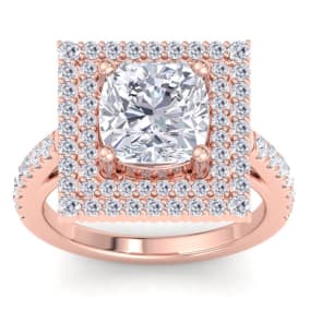 5 Carat Cushion Cut Lab Grown Diamond Square Halo Engagement Ring In 14K Rose Gold