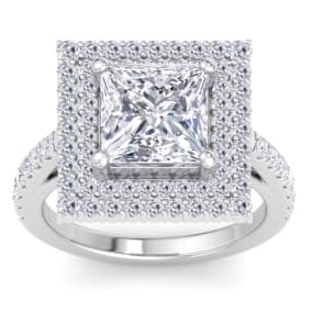5 Carat Princess Cut Lab Grown Diamond Square Halo Engagement Ring In 14K White Gold