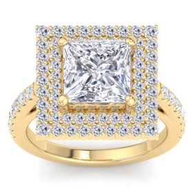5 Carat Princess Cut Lab Grown Diamond Square Halo Engagement Ring In 14K Yellow Gold