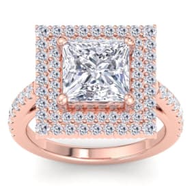 5 Carat Princess Cut Lab Grown Diamond Square Halo Engagement Ring In 14K Rose Gold