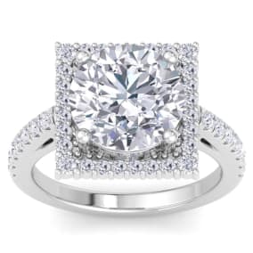 5 Carat Round Lab Grown Diamond Square Halo Engagement Ring In 14K White Gold