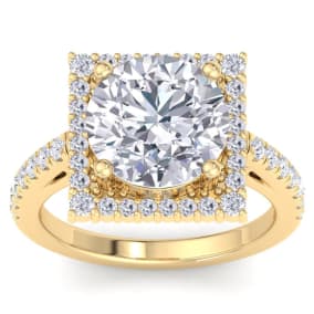 5 Carat Round Lab Grown Diamond Square Halo Engagement Ring In 14K Yellow Gold