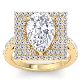 5 Carat Pear Shape Lab Grown Diamond Square Halo Engagement Ring In 14K Yellow Gold