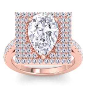 5 Carat Pear Shape Lab Grown Diamond Square Halo Engagement Ring In 14K Rose Gold