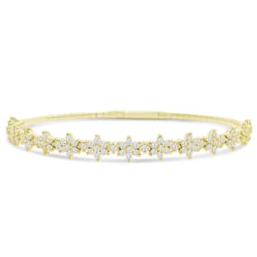 1 Carat Natural Diamond Flower Bangle Flexible Bracelet In 14K Yellow Gold, 7 Inches