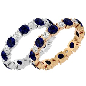 2 1/4 Carat Sapphire and Moissanite Eternity Ring In 14 Karat White Gold and Yellow Gold, Ring Size 4-9.5