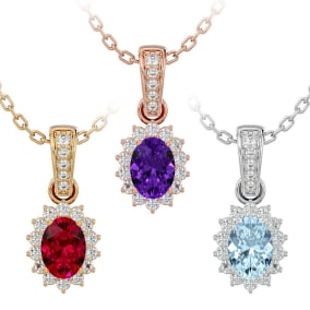 1 Carat Oval Shape Gemstone and Diamond Necklace In 14 Karat White Gold and Yellow Gold