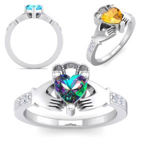 1 Carat Heart Shape Gemstone and Diamond Claddagh Ring In Over Sterling Silver