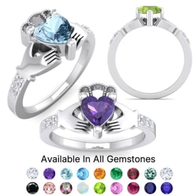 1 Carat Heart Shape Gemstone and Diamond Claddagh Ring In Over Sterling Silver