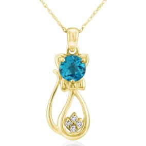 1 Carat Blue Topaz and Diamond Cat Necklace In 10K Yellow Gold, 18 Inches