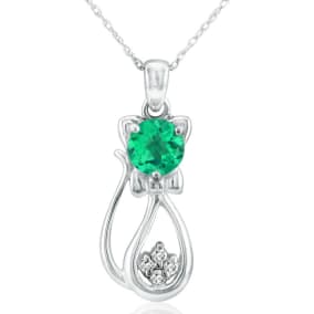 1 Carat Emerald and Diamond Cat Necklace In 10K White Gold, 18 Inches