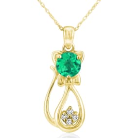 1 Carat Emerald and Diamond Cat Necklace In 10K Yellow Gold, 18 Inches