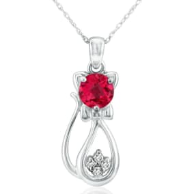 1 Carat Ruby and Diamond Cat Necklace In 10K White Gold, 18 Inches