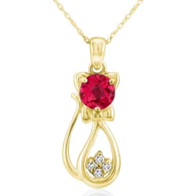 1 Carat Ruby and Diamond Cat Necklace In 10K Yellow Gold, 18 Inches