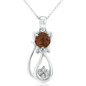 1 Carat Garnet and Diamond Cat Necklace In 10K White Gold, 18 Inches