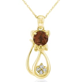 1 Carat Garnet and Diamond Cat Necklace In 10K Yellow Gold, 18 Inches